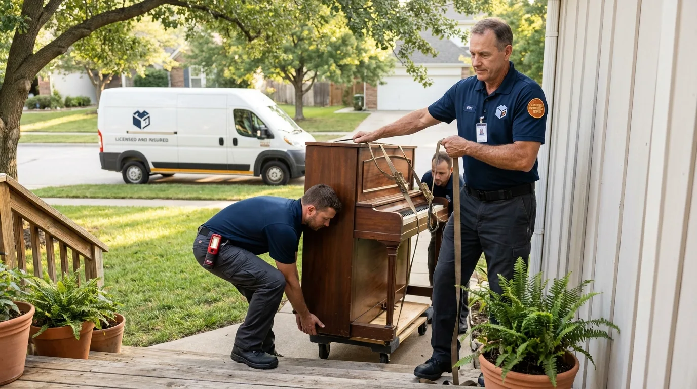 Licensed piano movers securing grand piano in Oak Ridge, TN