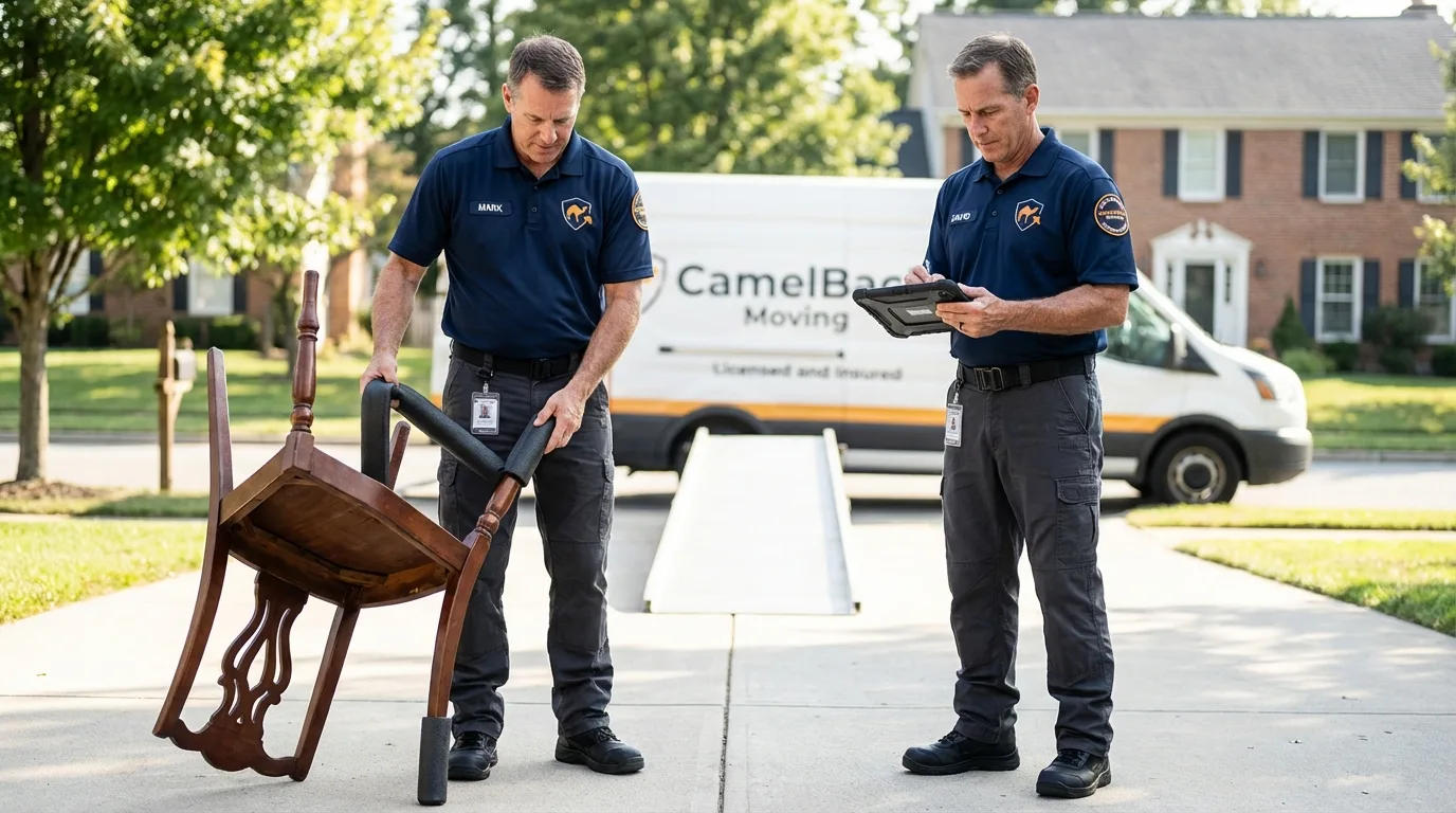Movers inspecting furniture for damage prevention before loading in Oak Ridge, TN