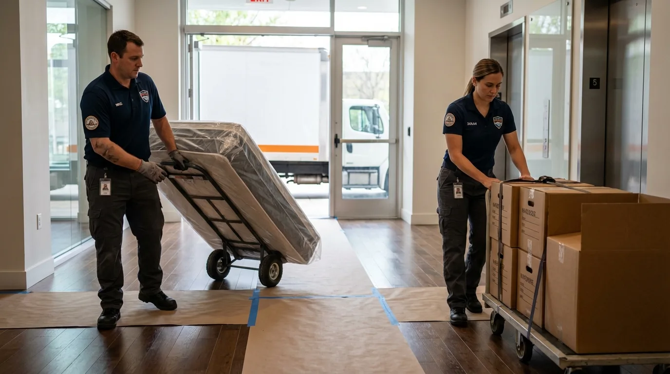 Professional apartment movers loading elevator in Oak Ridge, TN